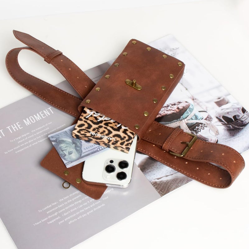 SUMGOGO Belt Pouch Waist Bag Fanny Pack Steampunk Phone Holder Medieval Bag Leather Belt Renaissance Cosplay Costume Accessories (1-Brown) - Image 3